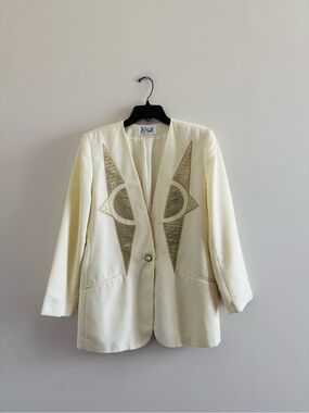 VTG JP Fall Blazer Art Deco Statement Ivory Gold 10 Office 80s Dynasty Mob Wife